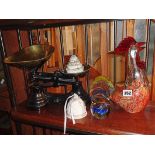 Lladro bell, Murano art glass cockerel, kitchen scales, etc.