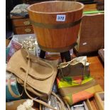 1950's teak planter on Dansette legs, together with vintage suede and silk handbags