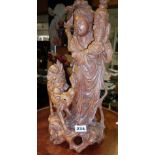 Chinese carved hardwood figure of a lady with a deer, 42cm