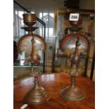 Moroccan enamelled brass pair of peacock candlesticks