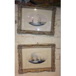 Pair watercolours of sailing frigates and other ships by Ken Hammond in oval mounts with ornate