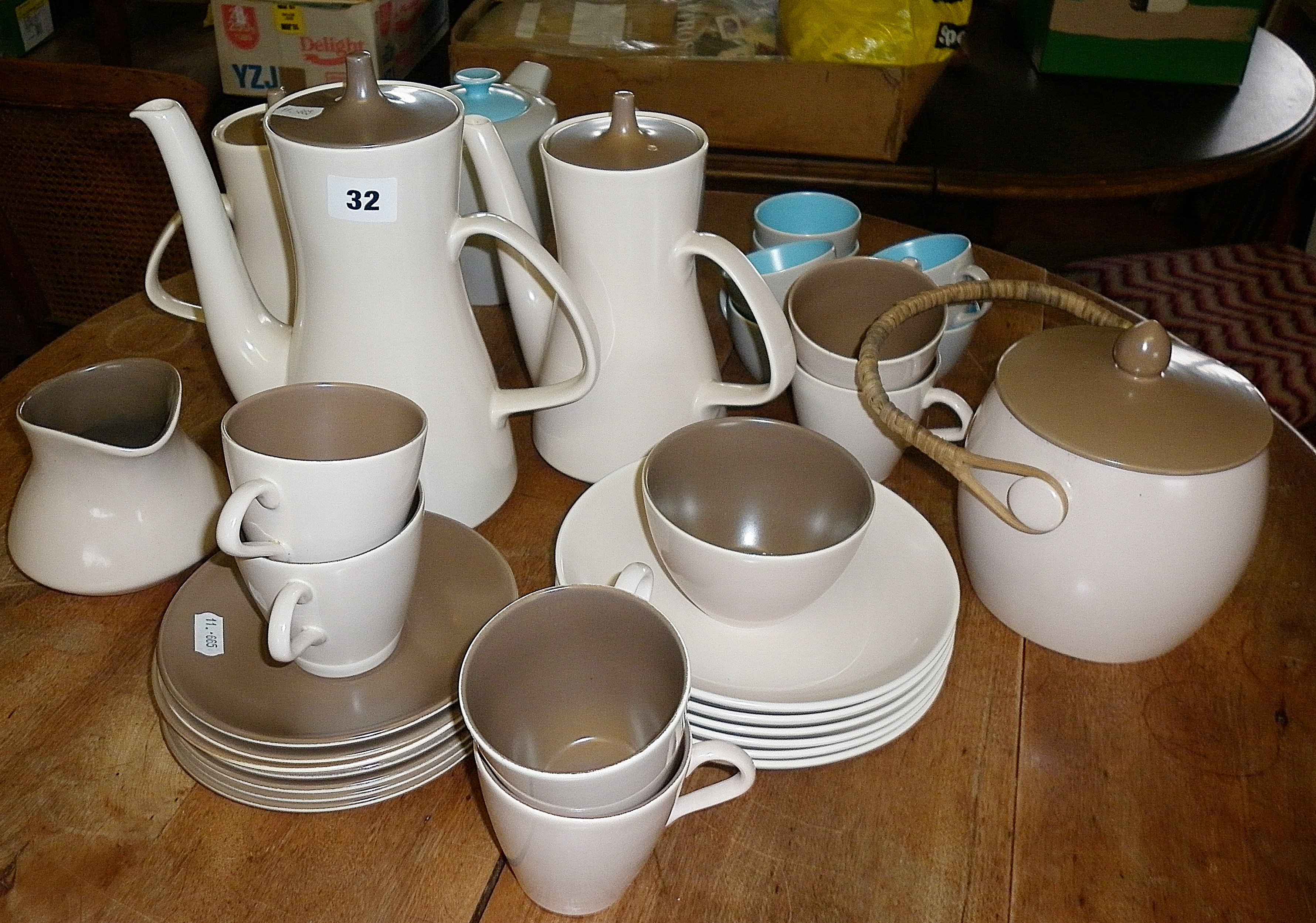 1960's Poole pottery Twintone (mushroom and sepia) tea set with biscuit barrel and similar in blue