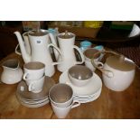 1960's Poole pottery Twintone (mushroom and sepia) tea set with biscuit barrel and similar in blue