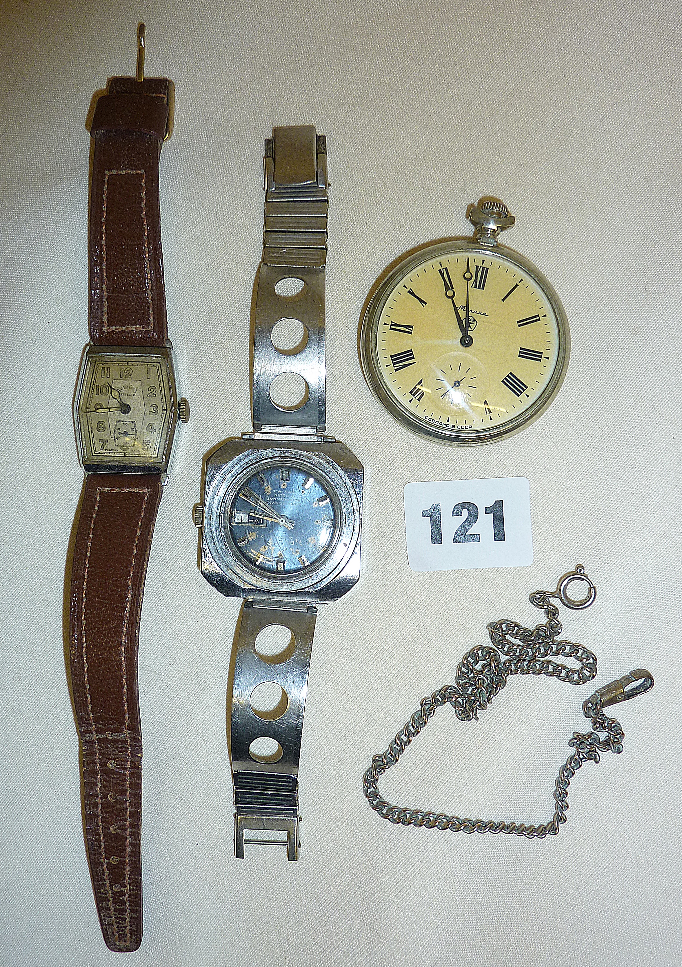 WW2 Ladies Services Art Deco wristwatch, vintage Buler Pinguin stainless steel watch and a Russian