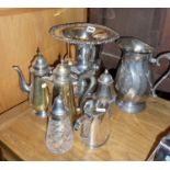 Large silver-plated ice bucket, large water jug, chocolate pot, two sifters and two other jugs