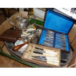 Large box of antique silver-plated cutlery etc., and large plated tray