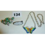 Arts & Crafts style silver and enamel brooch, 925 silver and enamel butterfly necklace and Russian