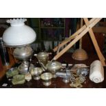 Converted oil lamp with silver plated base and milk glass shade, and assorted silver plate, etc.