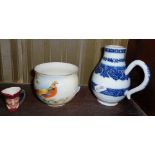 Miniature Royal Doulton character jug, Locke & Co. sugar bowl with painted bird decoration and a