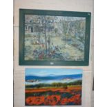 Large oil on board of a garden scene and an oil on canvas of a Continental landscape