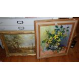 Still life of daffodils, oil on board by Barbara Moffatt and a framed print