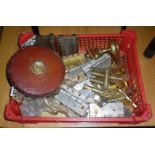 Quantity of assorted brass and other door hinges and a Rabone Chesterman leather cased surveyor's