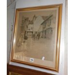 A Cecil ALDIN print of a town scene with figures and horses, signed lower left in pencil, with Art