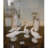 Lladro lady with swans figure, other Lladro swans and another Lladro figure (A/F)