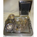 Silver-plated photo frame, tray and contents, inc. costume jewellery, etc.