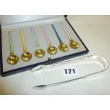 Danish Sterling set of six enamel espresso spoons in case by Egon Lauridsen and a large pair of