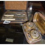 Antique draughtsman's tools in case together with a leather cased travel inkwell set