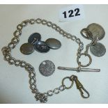 Silver Albert chain with coin fob medals, hallmarked silver cufflinks etc. (chain approx 11" long)