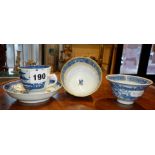 Three blue and white Chinese porcelain cups, one with saucer