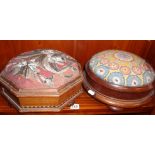 Victorian octagonal inlaid oak footstool with beadwork top and another similar footstool