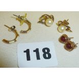 Three pairs of 9ct gold earrings - set with pearls and red stones