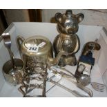 Box containing silver-plated cutlery, toast rack, money box, etc.