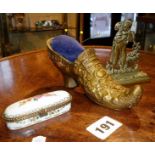 19th c. brass girl figure, shoe pincushion and a small porcelain pill or pin box
