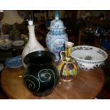 Six various large pottery pieces inc. Kanakalee jugs and a studio pottery lamp base