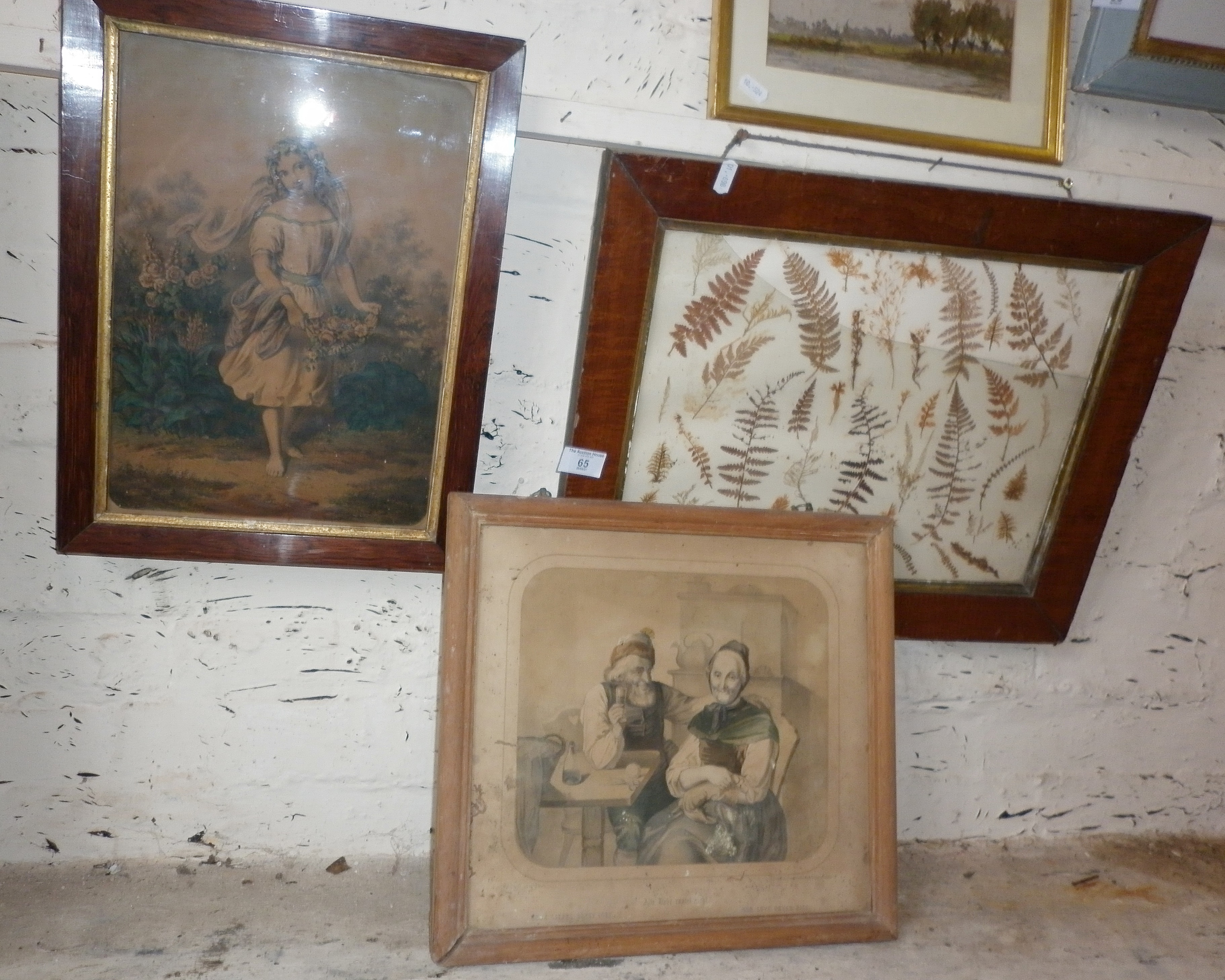 Victorian framed dried ferns, a 19th c. colour engravings of a girl titled verso 'Flowers' and a