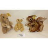 Vintage Steiff miniature animals, a jointed teddy bear, squirrel and a hamster