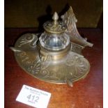 Victorian brass inkstand with inkwell and decoration in the Egyptian manner