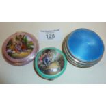 Three silver and enamel boxes - a blue guilloche enamel trinket box with rubbed hallmarks; a pink