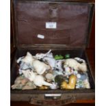 Leather stationery case containing china cat and animal figurines (some A/F)