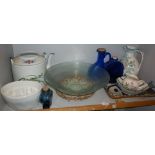 Shelf of assorted pottery and glass, inc. large glass salad bowl etc.