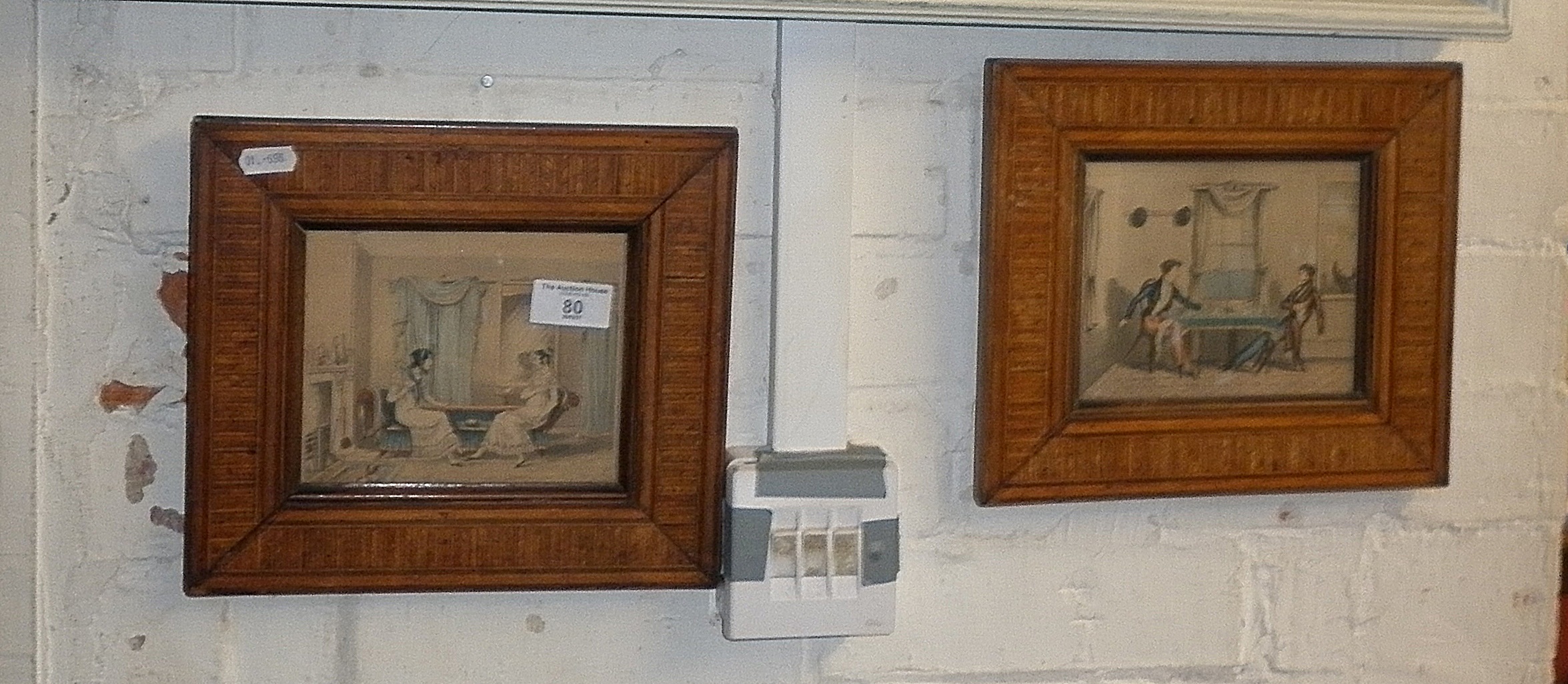 Pair 19th c. colour engravings of interior scenes with figures in Tunbridge ware type frames