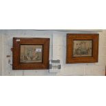 Pair 19th c. colour engravings of interior scenes with figures in Tunbridge ware type frames