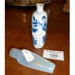 Chinese vaseline glass snuff bottle and a Chinese blue and white china snuff bottle (A/F)