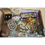 Tray of antique and vintage jewellery, inc. some gold, Wedgwood cameo earrings, enamel badges, Art