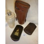 19th c. Huntsman's glass flask in leather case, leather cigar case and a lacquered similar