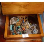 Pine box containing a quantity of costume jewellery