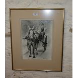 Print of a pen and ink drawing of a jaunty cart and passenger by Andrew Vicar