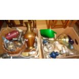 Large quantity in two boxes of assorted items of metalware, including a banker's desk lamp with