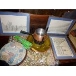 Crewelwork rug, tapestry footstool, retro Swiss fondue set and three prints of Bath