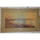 1960's palette knife oil painting of Continental fishing village in original hessian frame, signed