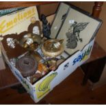 Box of assorted items, inc. Balinese pictures and wood figures, AA badge