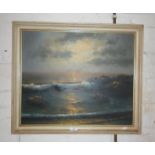 1960's oil on canvas of a sea scene at dusk, monogram YRE