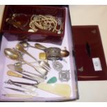 Hallmarked silver spoons, fob medals, silver chain, bracelets, manicure tools, with Art Deco