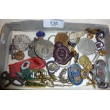 Assorted enamel badges, some military, a hallmarked silver WW2 ARP badge, coins, medal, etc.
