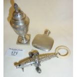 Chester hallmarked baby's rattle with teething ring and integral whistle (one bell missing). Adams