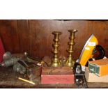 Pair of Victorian brass candlesticks, Lloyds Money Bank, Stanley 110 wood plane in box, clippers,